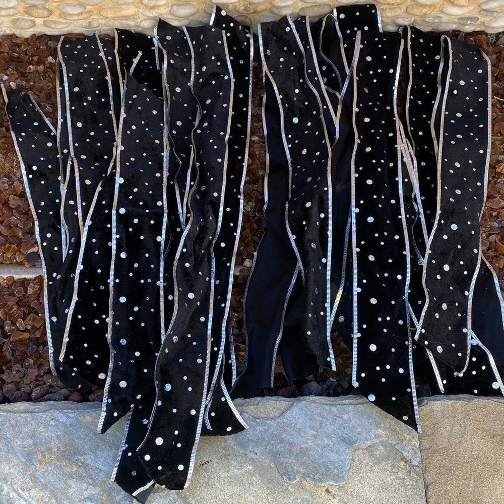 New Black Velvet Silver Sequin Pre-Cut Wire Ribbon. Various Sizes 22 pieces.
